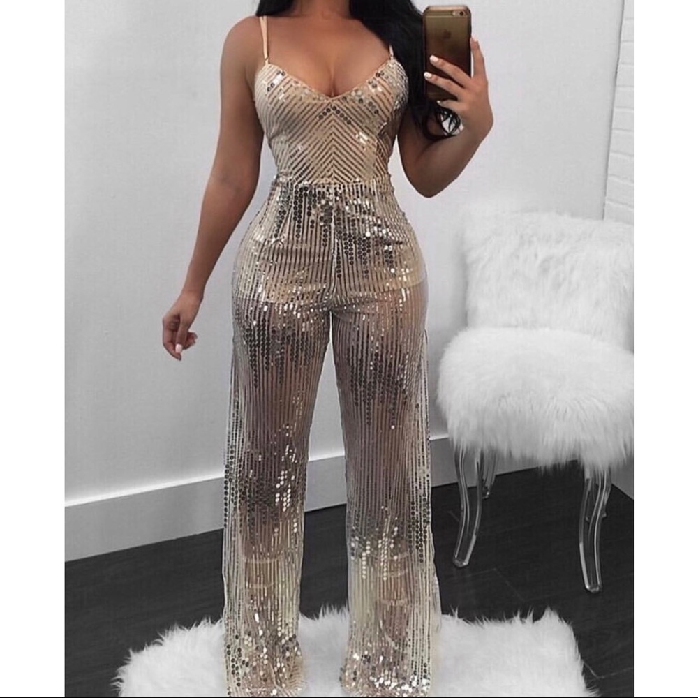Nude/gold sequins slit-leg jumpsuit
